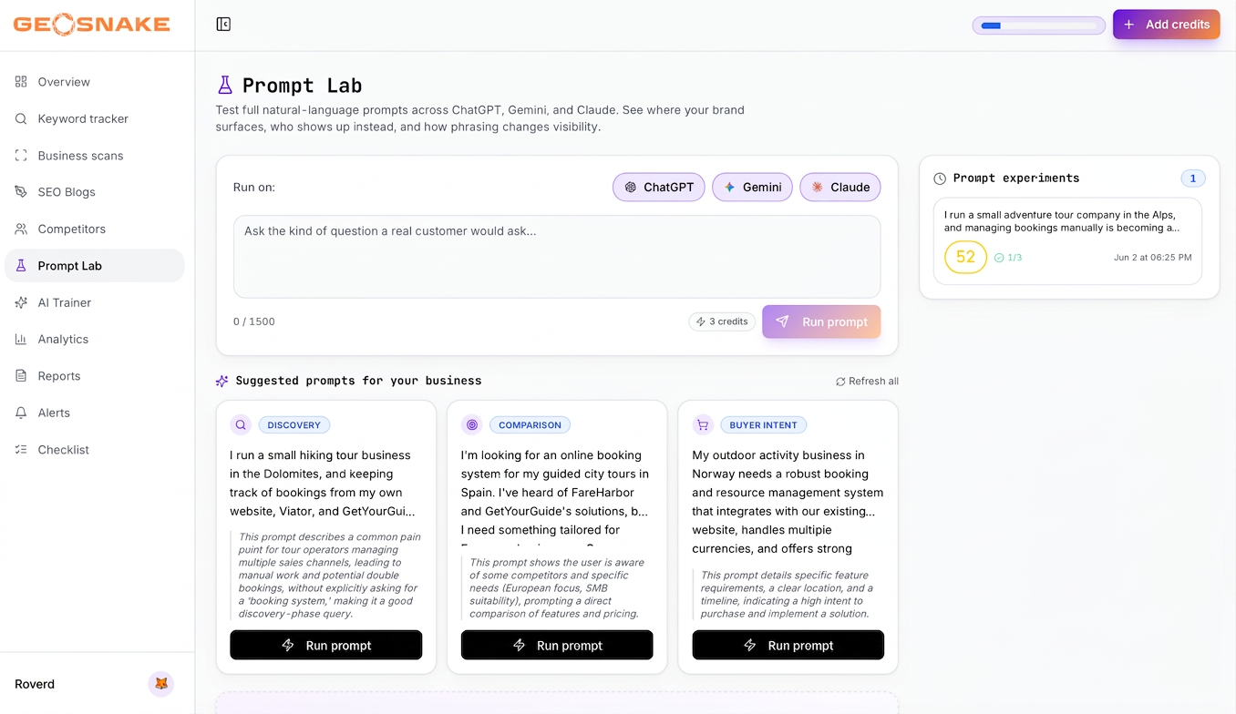GEOSnitch Prompt Lab with multi-model results